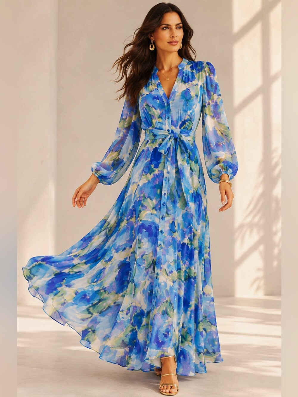 NWT TAYLOR BLUE WATERCOLOR CHIFFON MAXI DRESS SIZE 10 LONG SLEEVE LIGHTWEIGHT
